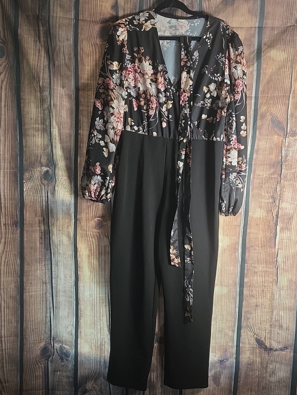 SHEIN Black Floral XL Tie-Waist Long Sleeve Jumpsuit